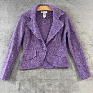 Vintage Nine West 90s Purple Tweed Multicolor Wool Blend Knit Blazer Jacket Sz S